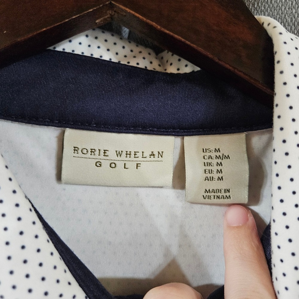 Rorie Whelan Golf Mens Medium White Navy Polka Dot Performance Polo Shirt - Picture 2 of 6